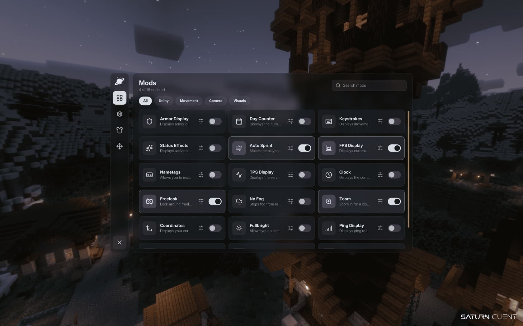 Saturn's mods menu in game