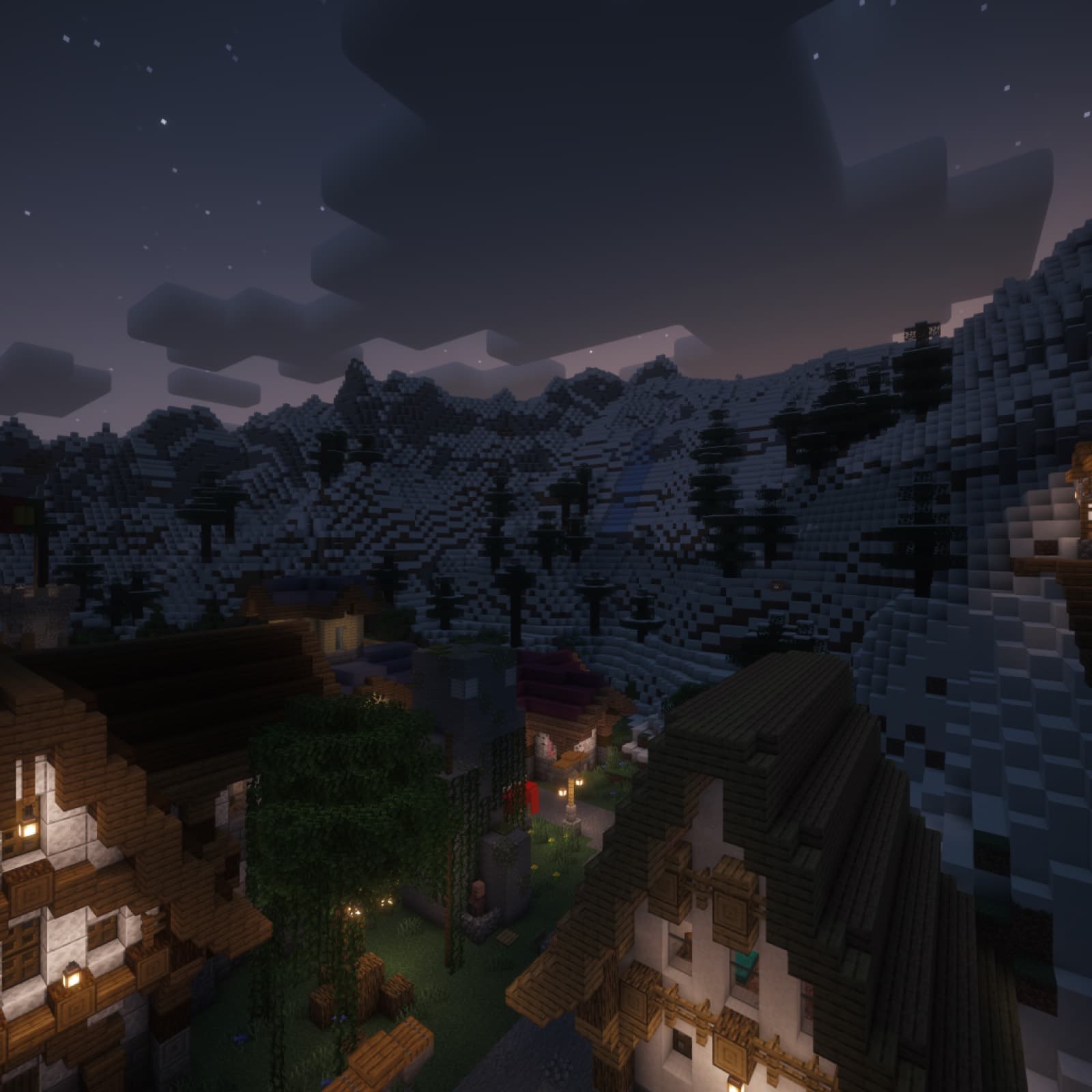 A Minecraft mountain village at dusk, Saturn's menu panorama